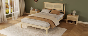 English Elm Queen Pine and PE Rattan Platform Bed Woven Lattice Headboard for Farmhouse Bedrooms Natural Queen Size W504P462846