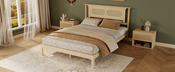 English Elm Queen Pine and PE Rattan Platform Bed Woven Lattice Headboard for Farmhouse Bedrooms Natural Queen Size W504P462846