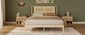 English Elm Queen Pine and PE Rattan Platform Bed Woven Lattice Headboard for Farmhouse Bedrooms Natural Queen Size W504P462846
