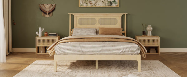 English Elm Queen Pine and PE Rattan Platform Bed Woven Lattice Headboard for Farmhouse Bedrooms Natural Queen Size W504P462846