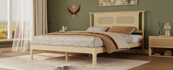 English Elm Queen Pine and PE Rattan Platform Bed Woven Lattice Headboard for Farmhouse Bedrooms Natural Queen Size W504P462846