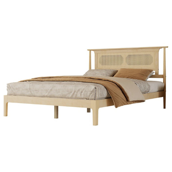 English Elm Queen Pine and PE Rattan Platform Bed Woven Lattice Headboard for Farmhouse Bedrooms Natural Queen Size W504P462846