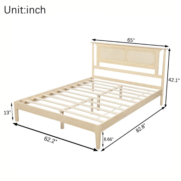 English Elm Queen Pine and PE Rattan Platform Bed Woven Lattice Headboard for Farmhouse Bedrooms Natural Queen Size W504P462846