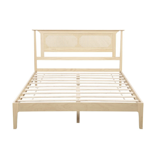 English Elm Queen Pine and PE Rattan Platform Bed Woven Lattice Headboard for Farmhouse Bedrooms Natural Queen Size W504P462846