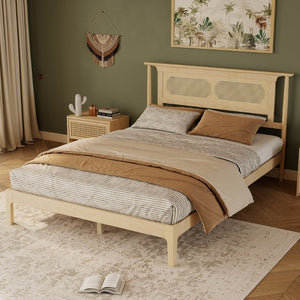English Elm Queen Pine and PE Rattan Platform Bed Woven Lattice Headboard for Farmhouse Bedrooms Natural Queen Size W504P462846