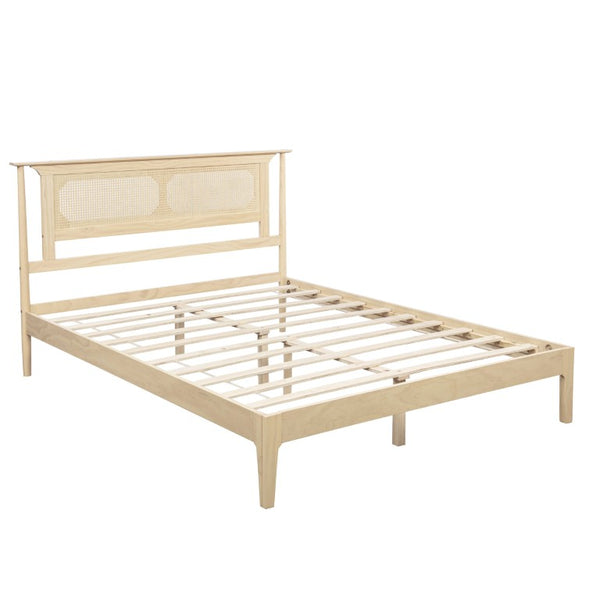 English Elm Queen Pine and PE Rattan Platform Bed Woven Lattice Headboard for Farmhouse Bedrooms Natural Queen Size W504P462846