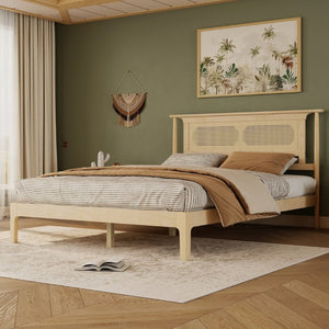 English Elm Queen Pine and PE Rattan Platform Bed Woven Lattice Headboard for Farmhouse Bedrooms Natural Queen Size W504P462846