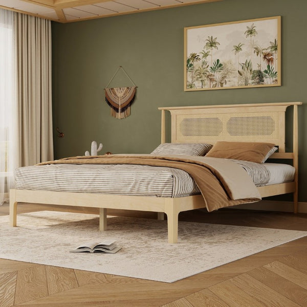 English Elm Queen Pine and PE Rattan Platform Bed Woven Lattice Headboard for Farmhouse Bedrooms Natural Queen Size W504P462846