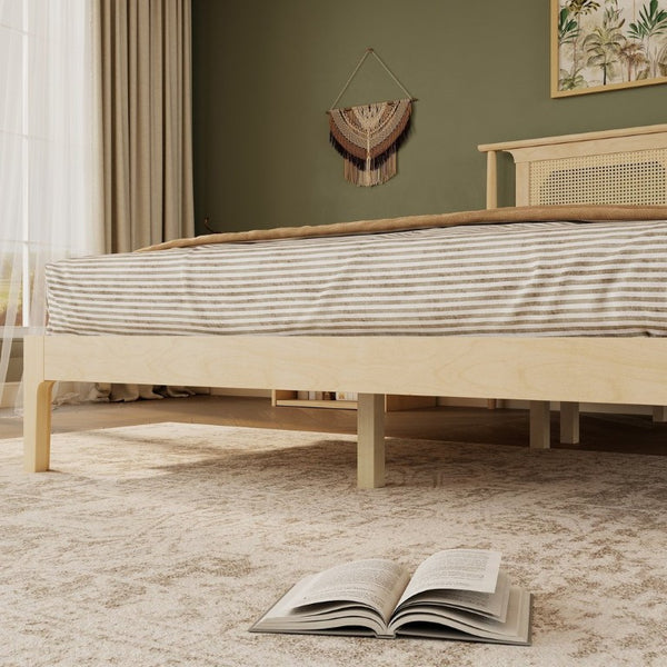 English Elm Queen Pine and PE Rattan Platform Bed Woven Lattice Headboard for Farmhouse Bedrooms Natural Queen Size W504P462846