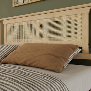 English Elm Queen Pine and PE Rattan Platform Bed Woven Lattice Headboard for Farmhouse Bedrooms Natural Queen Size W504P462846