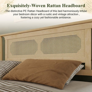 English Elm Queen Pine and PE Rattan Platform Bed Woven Lattice Headboard for Farmhouse Bedrooms Natural Queen Size W504P462846