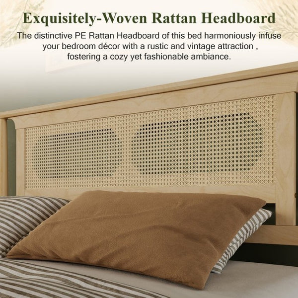 English Elm Queen Pine and PE Rattan Platform Bed Woven Lattice Headboard for Farmhouse Bedrooms Natural Queen Size W504P462846