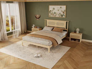 English Elm Queen Pine and PE Rattan Platform Bed Woven Lattice Headboard for Farmhouse Bedrooms Natural Queen Size W504P462846