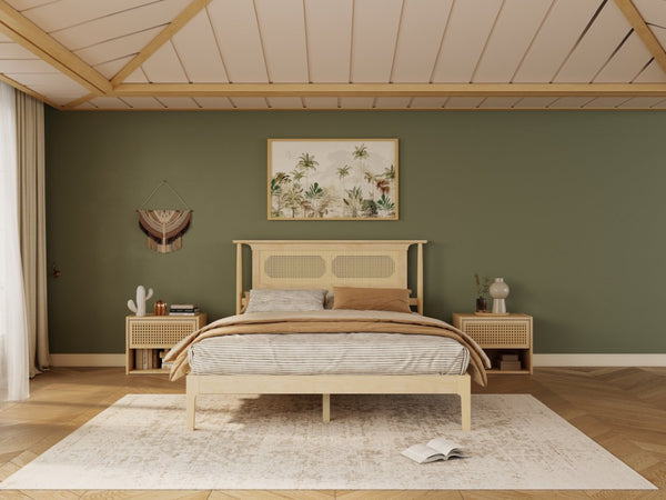 English Elm Queen Pine and PE Rattan Platform Bed Woven Lattice Headboard for Farmhouse Bedrooms Natural Queen Size W504P462846