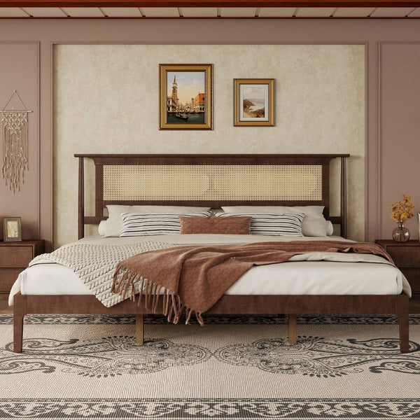 English Elm Queen Pine and PE Rattan Platform Bed Woven Lattice Headboard for Farmhouse Bedrooms Walnut King Size W504P462850