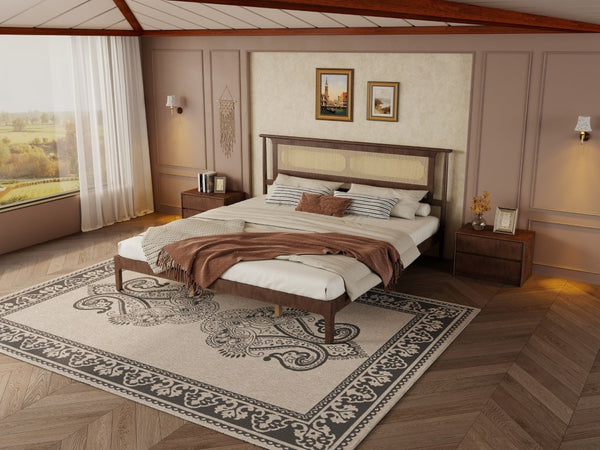 English Elm Queen Pine and PE Rattan Platform Bed Woven Lattice Headboard for Farmhouse Bedrooms Walnut King Size W504P462850