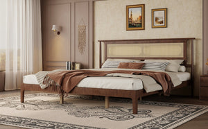 English Elm Queen Pine and PE Rattan Platform Bed Woven Lattice Headboard for Farmhouse Bedrooms Walnut King Size W504P462850