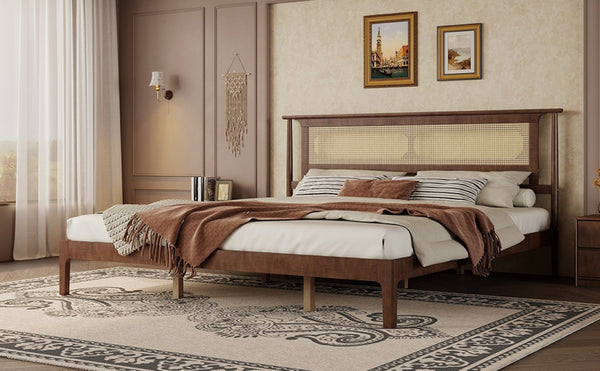 English Elm Queen Pine and PE Rattan Platform Bed Woven Lattice Headboard for Farmhouse Bedrooms Walnut King Size W504P462850