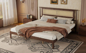 English Elm Queen Pine and PE Rattan Platform Bed Woven Lattice Headboard for Farmhouse Bedrooms Walnut King Size W504P462850