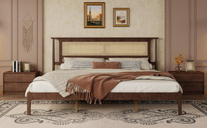 English Elm Queen Pine and PE Rattan Platform Bed Woven Lattice Headboard for Farmhouse Bedrooms Walnut King Size W504P462850