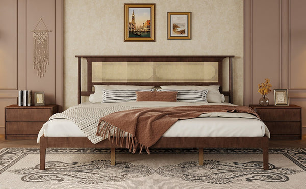 English Elm Queen Pine and PE Rattan Platform Bed Woven Lattice Headboard for Farmhouse Bedrooms Walnut King Size W504P462850