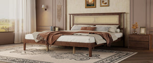 English Elm Queen Pine and PE Rattan Platform Bed Woven Lattice Headboard for Farmhouse Bedrooms Walnut King Size W504P462850