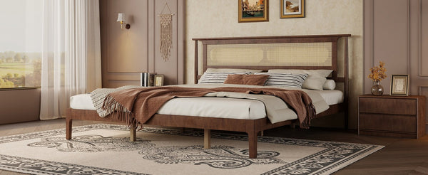 English Elm Queen Pine and PE Rattan Platform Bed Woven Lattice Headboard for Farmhouse Bedrooms Walnut King Size W504P462850