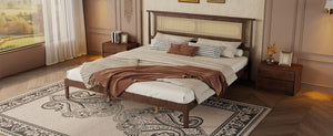 English Elm Queen Pine and PE Rattan Platform Bed Woven Lattice Headboard for Farmhouse Bedrooms Walnut King Size W504P462850