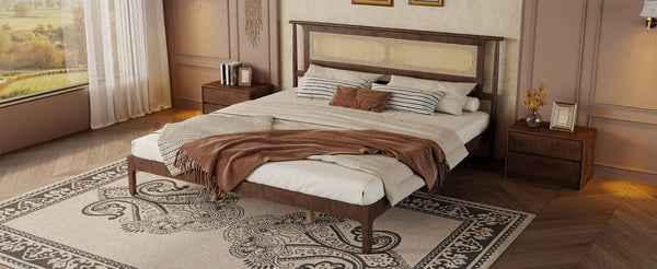 English Elm Queen Pine and PE Rattan Platform Bed Woven Lattice Headboard for Farmhouse Bedrooms Walnut King Size W504P462850