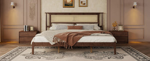 English Elm Queen Pine and PE Rattan Platform Bed Woven Lattice Headboard for Farmhouse Bedrooms Walnut King Size W504P462850