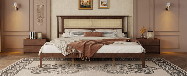 English Elm Queen Pine and PE Rattan Platform Bed Woven Lattice Headboard for Farmhouse Bedrooms Walnut King Size W504P462850