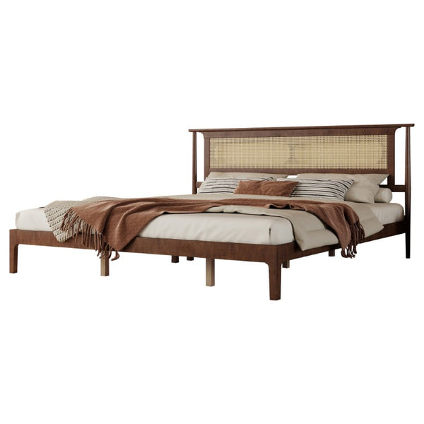 English Elm Queen Pine and PE Rattan Platform Bed Woven Lattice Headboard for Farmhouse Bedrooms Walnut King Size W504P462850
