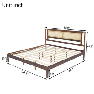 English Elm Queen Pine and PE Rattan Platform Bed Woven Lattice Headboard for Farmhouse Bedrooms Walnut King Size W504P462850