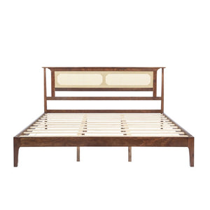 English Elm Queen Pine and PE Rattan Platform Bed Woven Lattice Headboard for Farmhouse Bedrooms Walnut King Size W504P462850