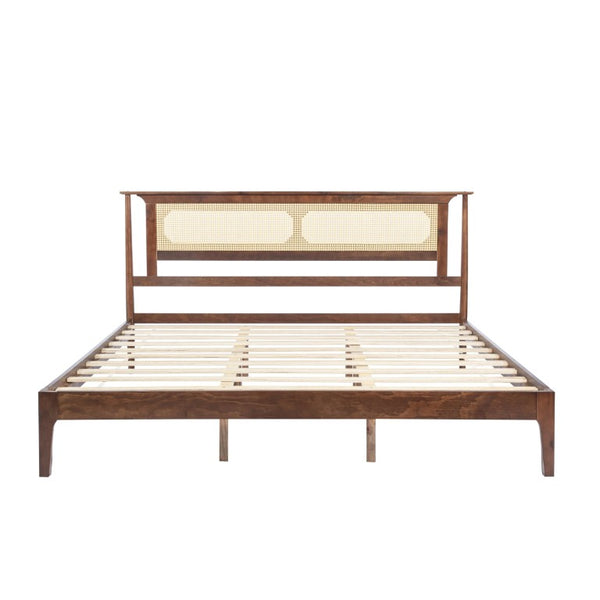 English Elm Queen Pine and PE Rattan Platform Bed Woven Lattice Headboard for Farmhouse Bedrooms Walnut King Size W504P462850