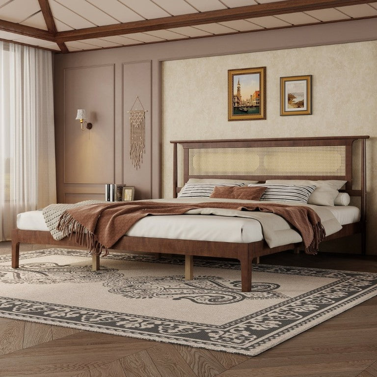 English Elm Queen Pine and PE Rattan Platform Bed Woven Lattice Headboard for Farmhouse Bedrooms Walnut King Size W504P462850