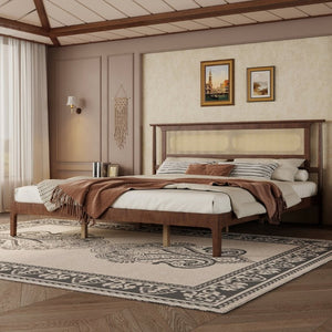 English Elm Queen Pine and PE Rattan Platform Bed Woven Lattice Headboard for Farmhouse Bedrooms Walnut King Size W504P462850