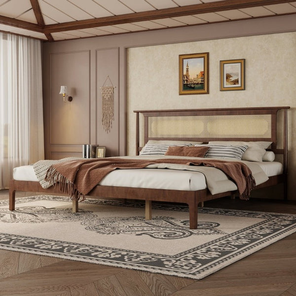 English Elm Queen Pine and PE Rattan Platform Bed Woven Lattice Headboard for Farmhouse Bedrooms Walnut King Size W504P462850