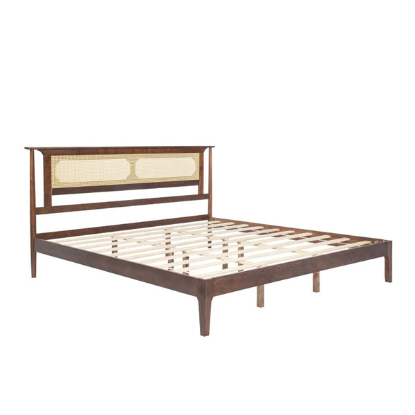English Elm Queen Pine and PE Rattan Platform Bed Woven Lattice Headboard for Farmhouse Bedrooms Walnut King Size W504P462850