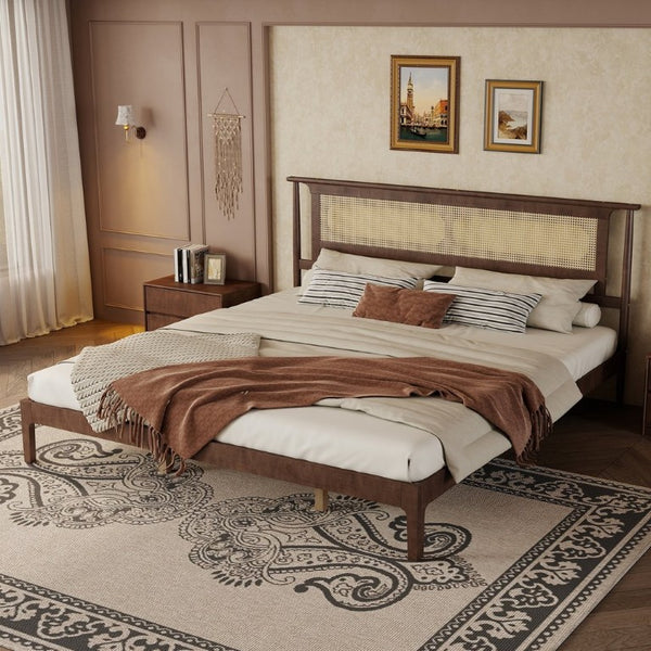 English Elm Queen Pine and PE Rattan Platform Bed Woven Lattice Headboard for Farmhouse Bedrooms Walnut King Size W504P462850