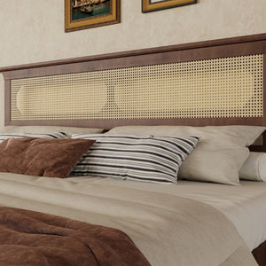 English Elm Queen Pine and PE Rattan Platform Bed Woven Lattice Headboard for Farmhouse Bedrooms Walnut King Size W504P462850