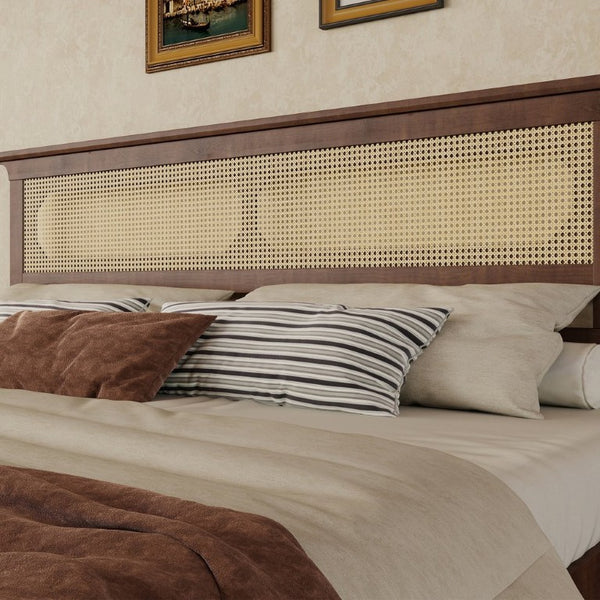 English Elm Queen Pine and PE Rattan Platform Bed Woven Lattice Headboard for Farmhouse Bedrooms Walnut King Size W504P462850