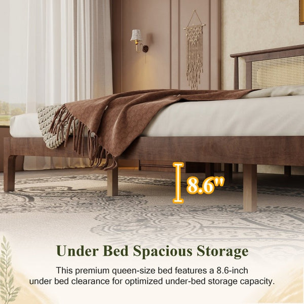 English Elm Queen Pine and PE Rattan Platform Bed Woven Lattice Headboard for Farmhouse Bedrooms Walnut King Size W504P462850