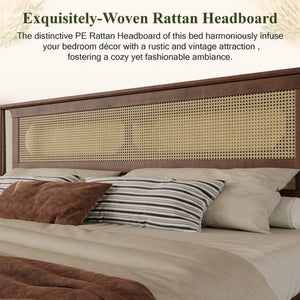 English Elm Queen Pine and PE Rattan Platform Bed Woven Lattice Headboard for Farmhouse Bedrooms Walnut King Size W504P462850
