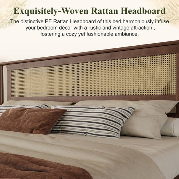 English Elm Queen Pine and PE Rattan Platform Bed Woven Lattice Headboard for Farmhouse Bedrooms Walnut King Size W504P462850