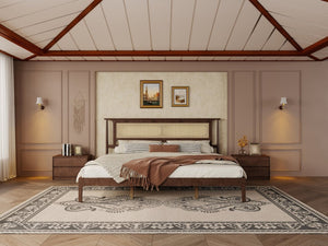 English Elm Queen Pine and PE Rattan Platform Bed Woven Lattice Headboard for Farmhouse Bedrooms Walnut King Size W504P462850