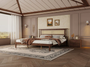 English Elm Queen Pine and PE Rattan Platform Bed Woven Lattice Headboard for Farmhouse Bedrooms Walnut King Size W504P462850
