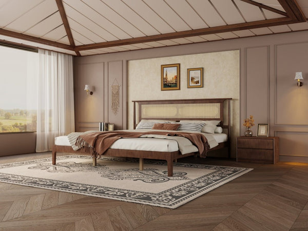 English Elm Queen Pine and PE Rattan Platform Bed Woven Lattice Headboard for Farmhouse Bedrooms Walnut King Size W504P462850