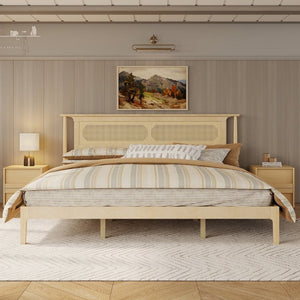 English Elm King Solid Pine Bed with Woven Rattan Headboard Farmhouse Platform Eight Leg Support Natural King W504P462851