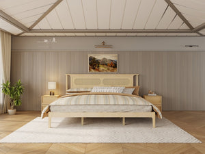 English Elm King Solid Pine Bed with Woven Rattan Headboard Farmhouse Platform Eight Leg Support Natural King W504P462851